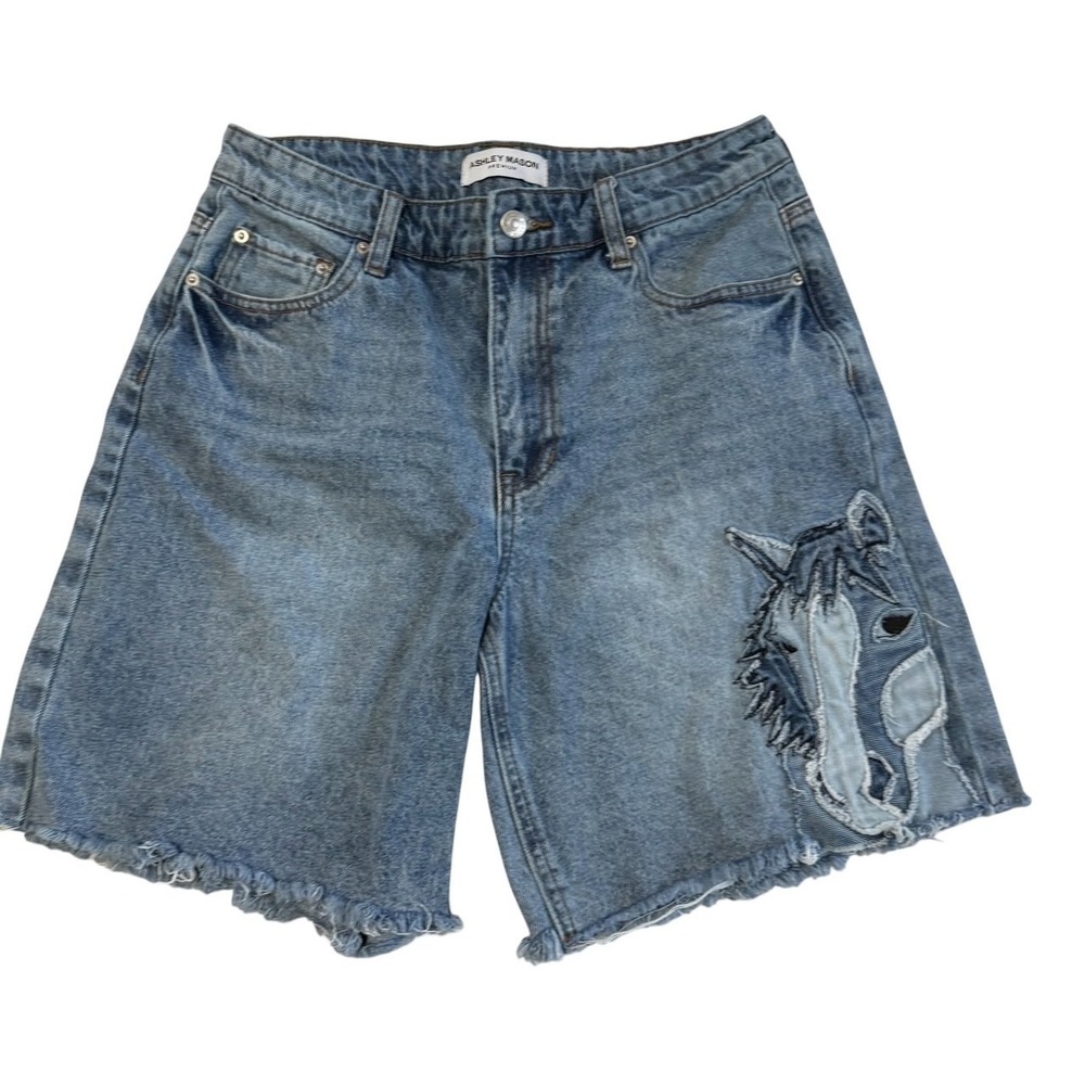 Ashley Mason Blue Denim Jean Shorts with Horse Patch